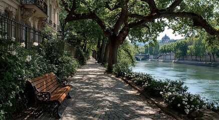 Long tree-lined sidewalk with empty wooden bench by lake in downtown France park, daylight 8K landscape, ideal for travel blogs and urban relaxation themes
