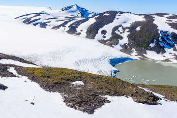 Majestic Blåmannsisen glacier in Norway showcasing stunning lake views and rugged mountain landscape