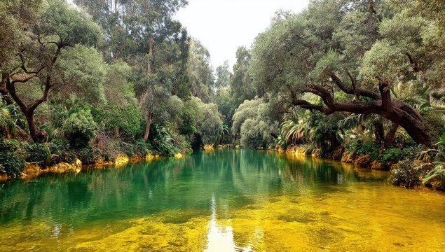 A tranquil, emerald-green lake nestled within a lush, verdant forest, featuring a canopy of trees and a vibrant yellow-gold hue on the water's surface.