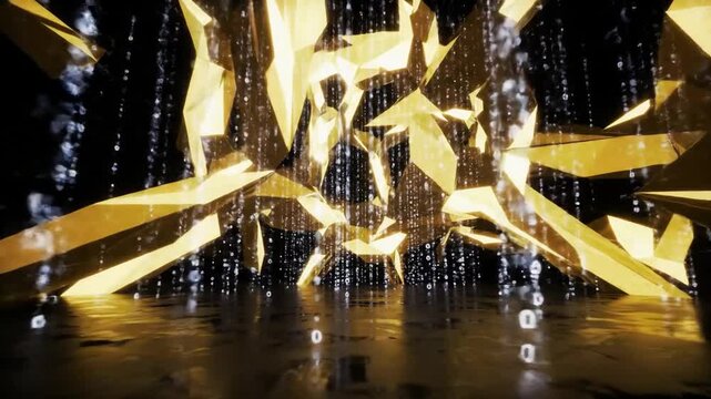 Abstract golden shapes with binary code falling, dynamic digital world concept