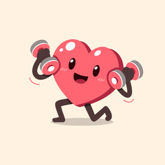 Cartoon heart character doing dumbbells weight training