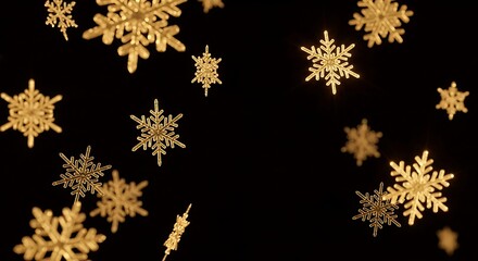 Golden snowflakes falling on a black background, creating a festive and elegant winter scene, perfect for christmas and new years celebrations