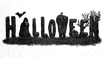 Creative illustrated stylized text HALLOWEEN with a horror theme. Artistic black text with pumpkins, trees, and a bat on a white background, retro aesthetic, engraving texture