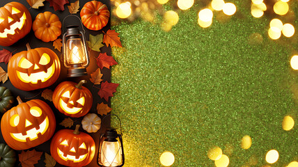 Halloween background with jack-o'-lanterns, autumn leaves, and lanterns on green glitter texture, copy space, postcard, card