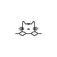 cute cat face icon. minimalist line art illustration of a kitten head with whiskers and paws resting on a surface. adorable pet outline design for animal lovers, decoration, sticker, logo