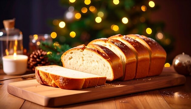 Sliced bread on wooden board, holiday background