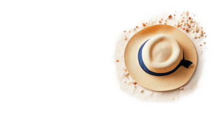 Straw Hat with Blue Ribbon on Sand on Transparent Background