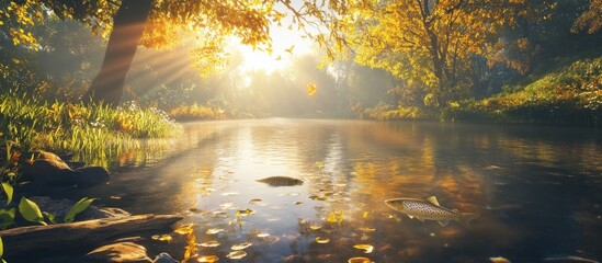 Serene autumn morning by a river.