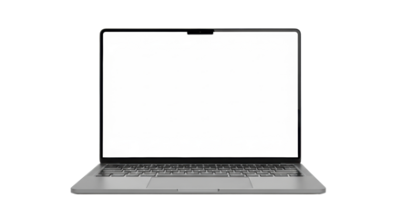 Sleek, modern dark gray laptop with a blank white screen, black keyboard, and trackpad, isolated on a transparent background with ample copy space, perfect for mockups and branding