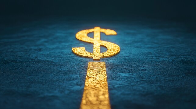 Conceptual image of a golden path leading to a glowing dollar sign, financial journey, aspiration