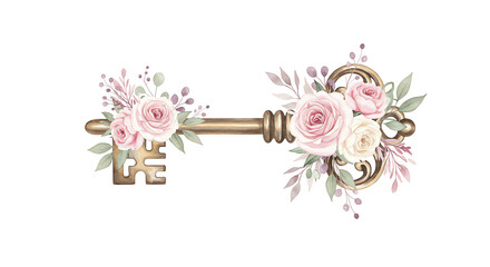 Antique Key with Delicate Pink Rose Floral Arrangement