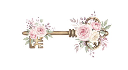 Antique Key with Delicate Pink Rose Floral Arrangement