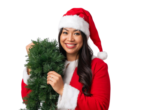 Asian woman in Santa costume holding garland isolated on transparent or white background, png - Powered by Adobe