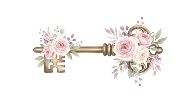 Antique Key with Delicate Pink Rose Floral Arrangement