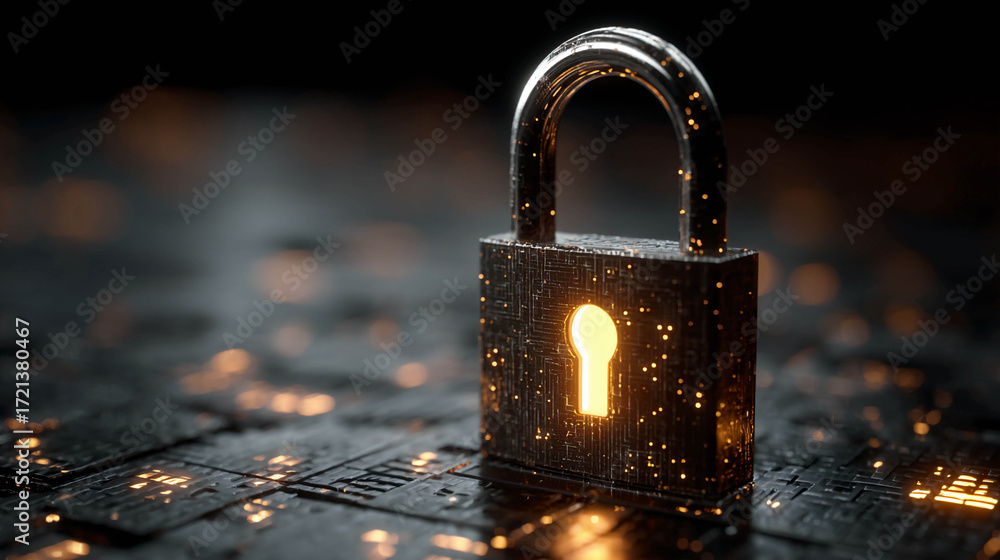 Poster lock on the motherboard. the lock consists of vertical lines resembling a binary code, and it glows 