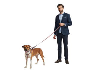 Man in business suit holding dog on leash isolated on transparent or white background, png