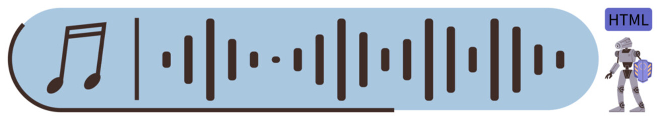 Music note and waveform represent sound robot and HTML icon hint at digital innovation. Ideal for music streaming, AI, coding, technology, creativity, innovation, programming. Simple flat metaphor