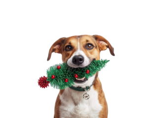 Dog with a small Christmas tree in its teeth isolated on transparent or white background, png