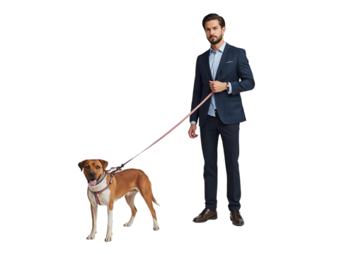 Man in business suit holding dog on leash isolated on transparent or white background, png