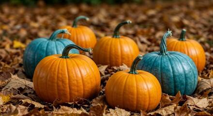 Vibrant blue and yellow pumpkins in autumn leaves creating seasonal atmosphere  