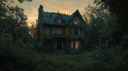 Creepy Old Victorian Mansion Bathed in Eerie Sunset Light.