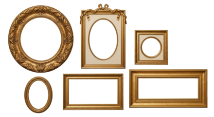 Six distinct antique gold picture frames with ornate floral, scroll, and textured details, studio shot on a transparent background with soft shadows, concept of antique elegance