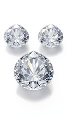 Close-up of three clear, faceted diamonds on white background, arranged in triangle shape, sparkling with soft light reflections. Luxury, clarity, and elegance in focus.