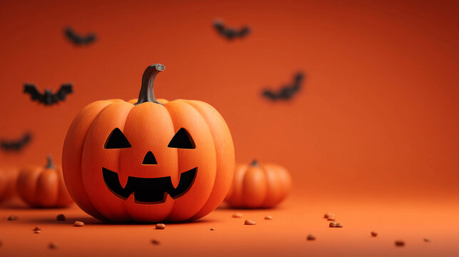 A Halloween pumpkin on an orange background with blurred bat silhouettes and small mini pumpkins scattered around.