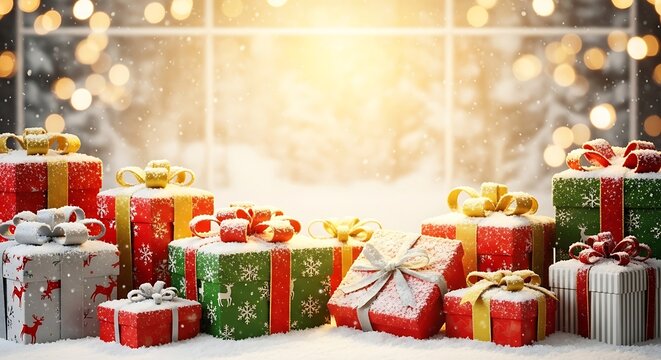 Festive christmas presents with snow falling outside the window, creating a cozy and magical atmosphere for the holiday season celebration - Powered by Adobe