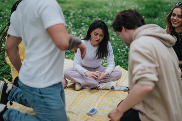 Fototapeta premium A gathering of friends enjoying a card game on a picnic blanket amidst lush greenery, exuding relaxation, socializing, and leisure in a natural environment.