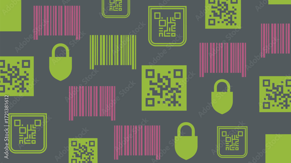 Poster a repeating pattern of qr codes, barcodes, and padlocks on a gray background in green and pink