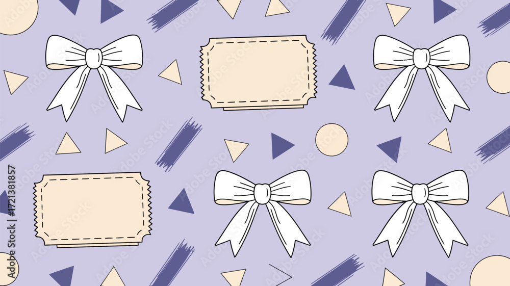 Poster pattern with bows tickets triangles circles and brush strokes on a light purple background design el