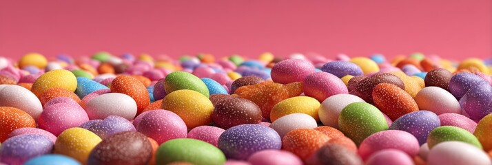 Colorful assortment of candy-coated chocolate eggs spread across a vibrant pink background during Easter celebrations