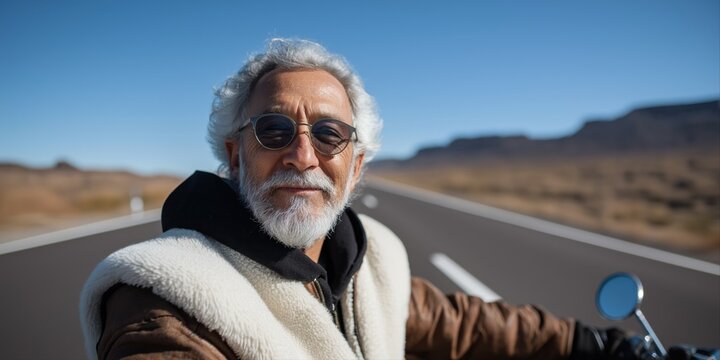 Elderly caucasian male biker enjoying scenic desert ride on a sunny day
