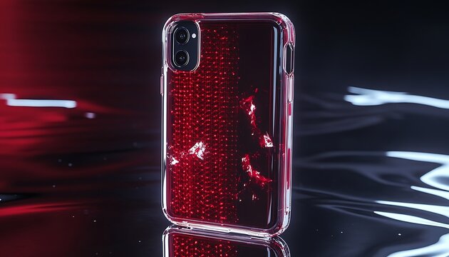 Tech clear phone case with embedded red micro-lattice on luminous hex base