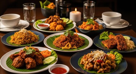 Obraz premium Beragam hidangan Asia Tenggara tersaji di atas meja kayu. 