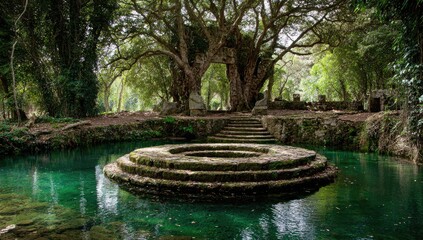 Fototapeta premium A serene, circular stone structure, nestled within a lush, green forest, reflects in the still waters of a pool.