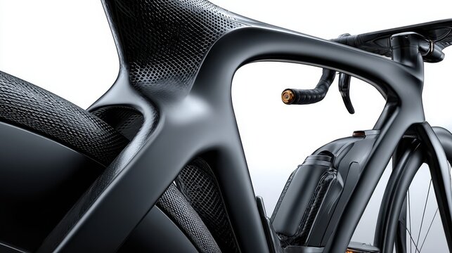 Detailed view of a sleek, black carbon fiber bicycle frame. The texture is prominent, showcasing a modern design.