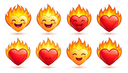 Cute cartoon hearts on fire.  Happy, burning