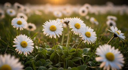 Fototapeta premium Field of daisies at sunset. Soft focus on clustered blooms