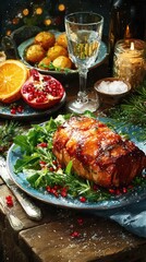 Elegant holiday dinner display featuring roasted meat and seasonal sides on a rustic table