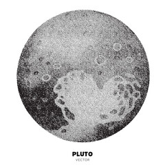 Planet Pluto. Isolated element handdrawn with ink. Pointillism, dotted