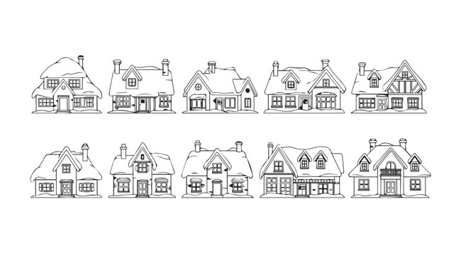 Collection of charming european village houses in a distinctive silhouette style