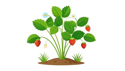 Cartoon strawberry plant with berries and leaves