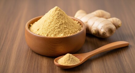 Ground ginger in a wooden bowl and spoon on a wooden table