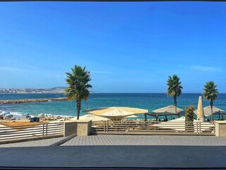 A panoramic view of the old city of Tangier with a view of link between the Mediterranean sea and the Atlantic sea and the port of tangier, morocco