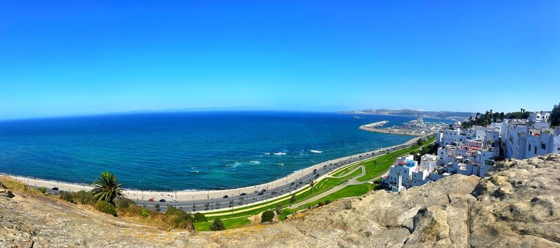 A panoramic view of the old city of Tangier with a view of link between the Mediterranean sea and the Atlantic sea and the port of tangier, morocco