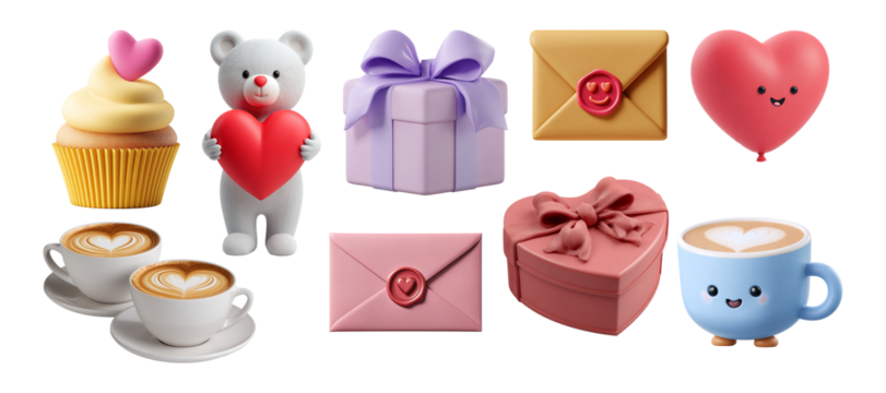 Adorable Valentine's elements including coffee, heart-shaped gifts, love letters, teddy bear, cupcakes, and smiling heart balloon