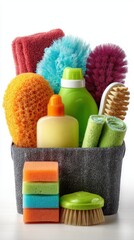 A dark gray basket holds colorful cleaning sponges, brushes, and bottles against a white background.