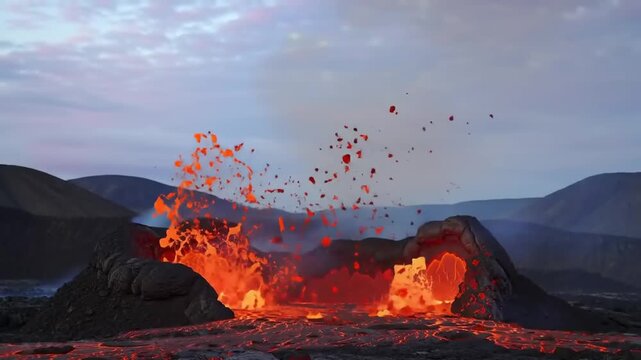 Volcanic eruption at dusk